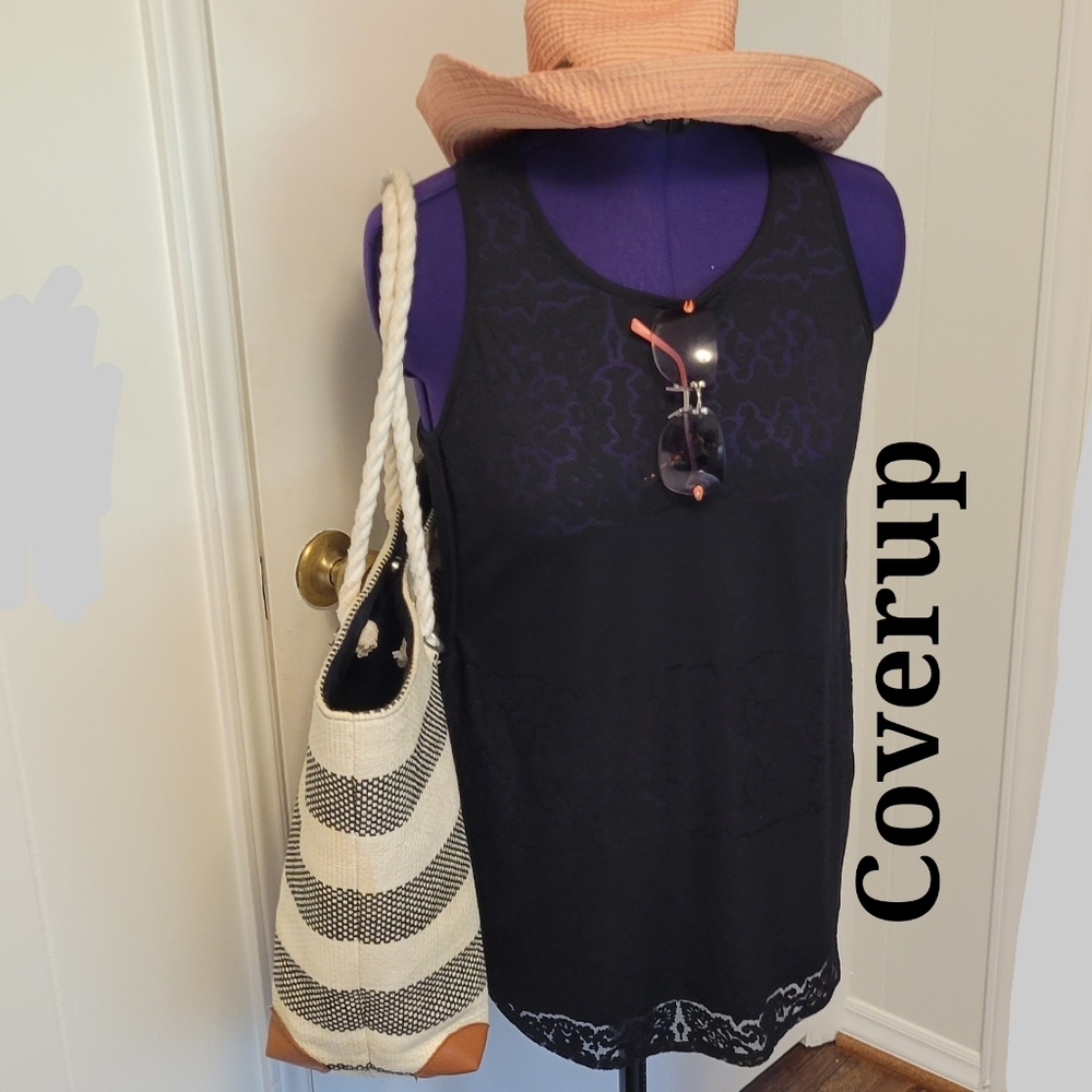 Black racerback swim coverup sleeveless dress with split sides semi sheer. Sz: M